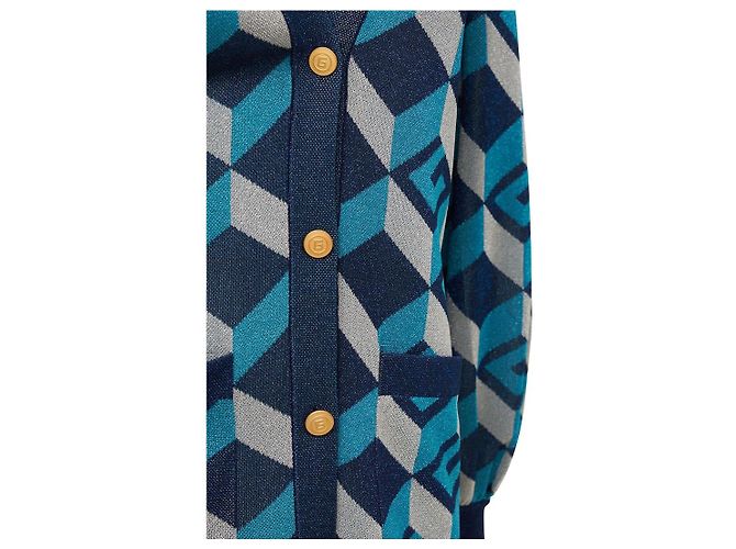Gucci – Lamé – Jacquard-Cardigan mit geometrischem G in Blau und Silber - Ansicht 9