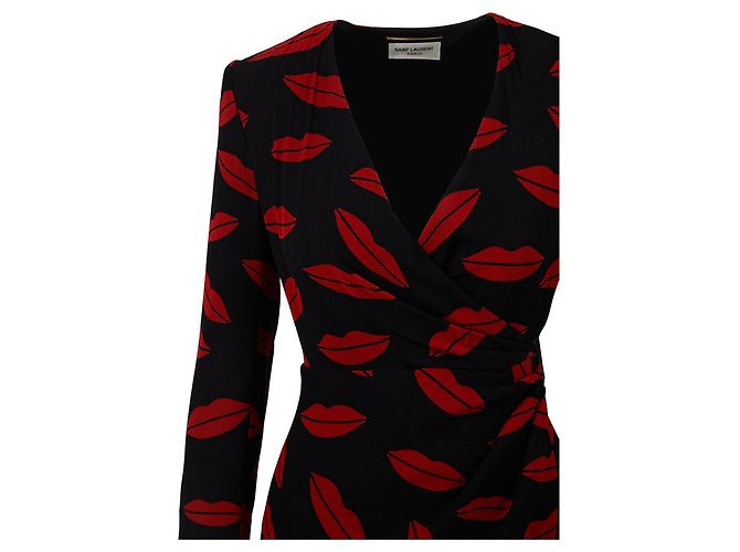 Vestido cruzado de seda con estampado de labios de Saint Laurent Negro - vista 3