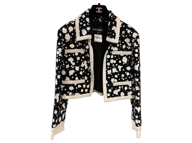 Giacca da abito in tweed maculato bianco e nero Chanel - vista 4