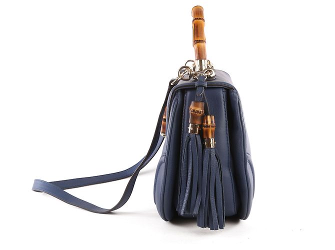Gucci Navy Blue Leather Large New Bamboo Tassel Top Handle Bag - vista 2