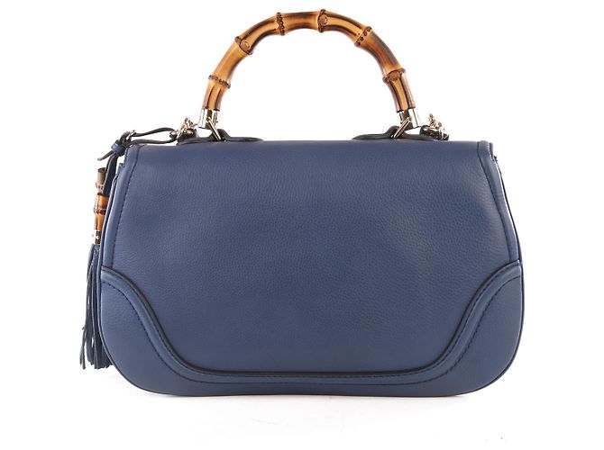 Gucci Navy Blue Leather Large New Bamboo Tassel Top Handle Bag - vista 3