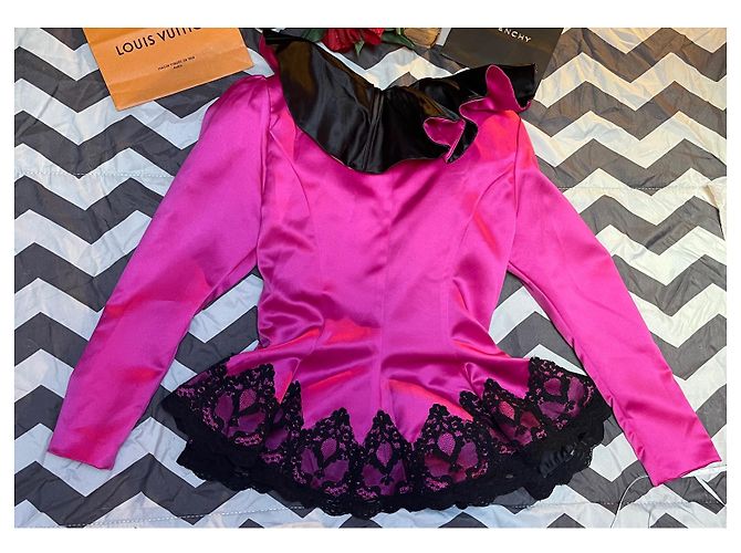 Giacca Casadei Rosa Fuchsia con Volant e Pizzo Nero Fuschia - vista 15