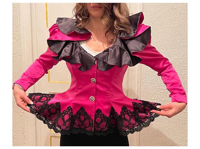 Giacca Casadei Rosa Fuchsia con Volant e Pizzo Nero Fuschia - vista 18
