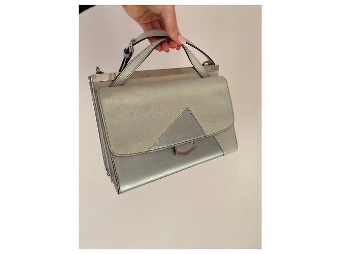 Fendi Demi Jour Handtasche Leder Cremeweiß Silber Aus weiß - Ansicht 10