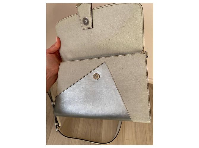 Fendi Demi Jour Handtasche Leder Cremeweiß Silber Aus weiß - Ansicht 8