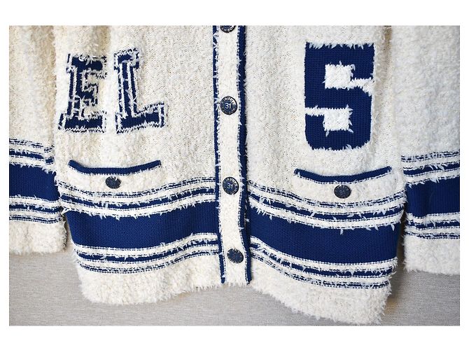 Chanel ikonisch 2019 Runway Boucle Varsity Cardigan Blau Beige Roh Marineblau - Ansicht 10