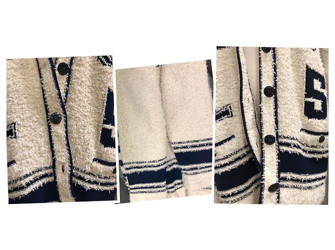Chanel ikonisch 2019 Runway Boucle Varsity Cardigan Blau Beige Roh Marineblau - Ansicht 13