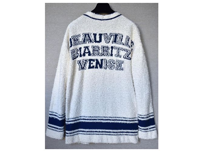 Chanel ikonisch 2019 Runway Boucle Varsity Cardigan Blau Beige Roh Marineblau - Ansicht 3