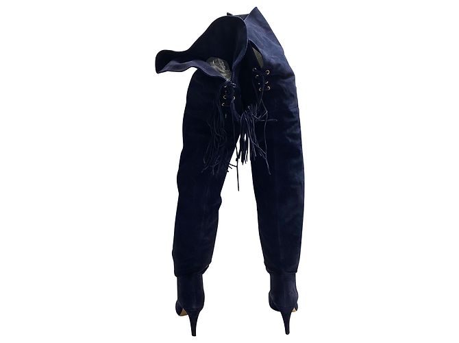 Chloé Chloe Hannah Fringe Kniehohe Stiefel aus blauem Wildleder Marineblau - Ansicht 3