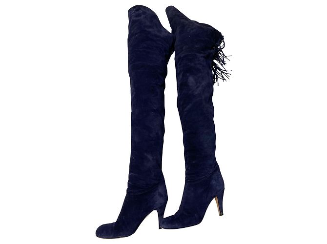 Chloé Chloe Hannah Fringe Kniehohe Stiefel aus blauem Wildleder Marineblau - Ansicht 4