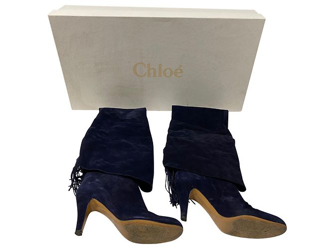 Chloé Chloe Hannah Fringe Kniehohe Stiefel aus blauem Wildleder Marineblau - Ansicht 7
