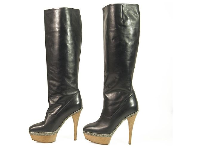 MARNI Black Leather Platform Knee Height Boots Wooden Heels square front 36 - view 2