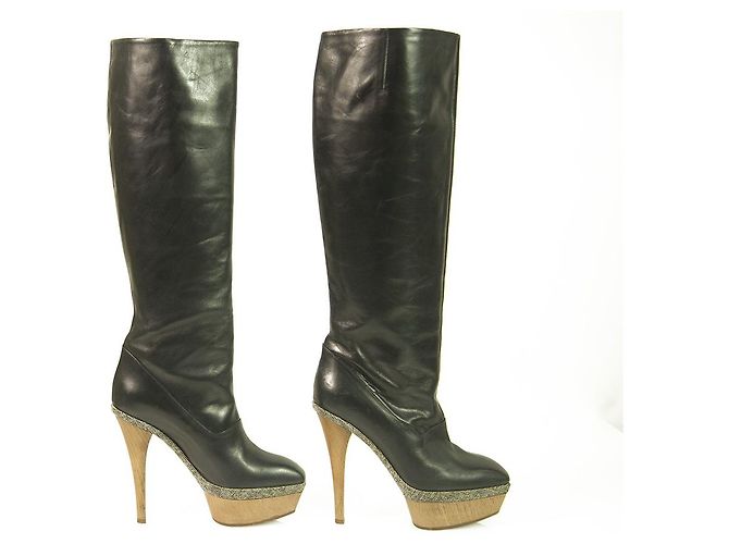 MARNI Black Leather Platform Knee Height Boots Wooden Heels square front 36 - view 3