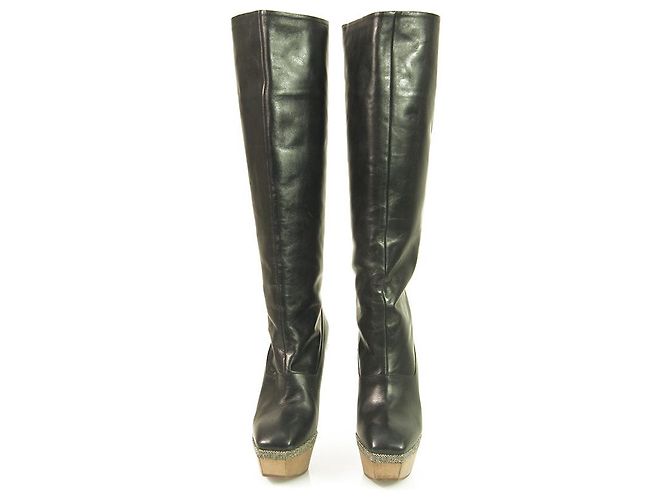 MARNI Black Leather Platform Knee Height Boots Wooden Heels square front 36 - view 8