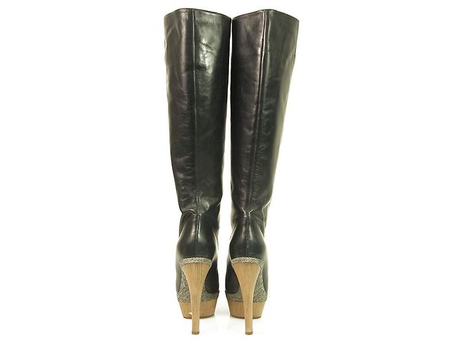 MARNI Black Leather Platform Knee Height Boots Wooden Heels square front 36 - view 9
