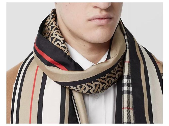 Sciarpa in seta con Monogramma, righe iconiche e check Burberry - vista 8