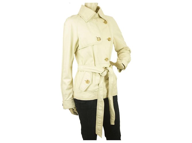 Patrizia Pepe Off White Ecru Giacca in pelle petto foderata con cintura taglia It 46 Bianco - vista 3
