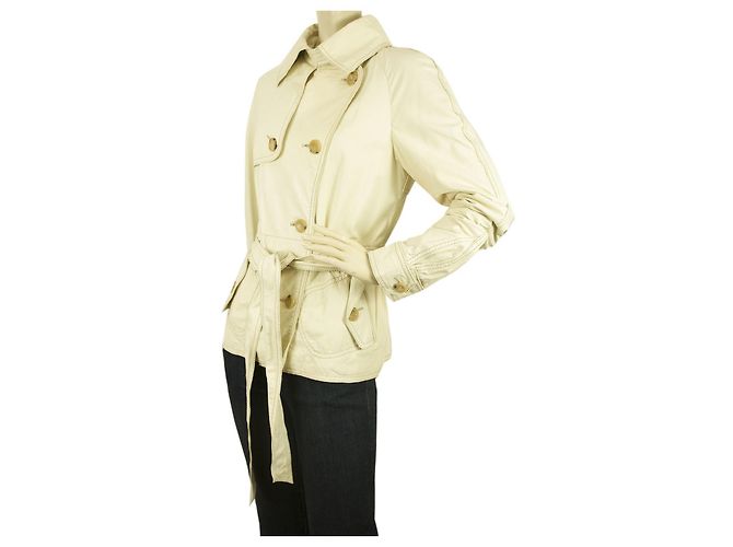 Patrizia Pepe Off White Ecru Giacca in pelle petto foderata con cintura taglia It 46 Bianco - vista 4