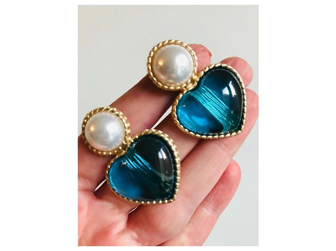 Autre Marque orecchini a clip in oro con cuore di perle bianche finte cabochon D'oro Turchese - vista 3