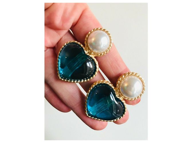 Autre Marque orecchini a clip in oro con cuore di perle bianche finte cabochon D'oro Turchese - vista 4