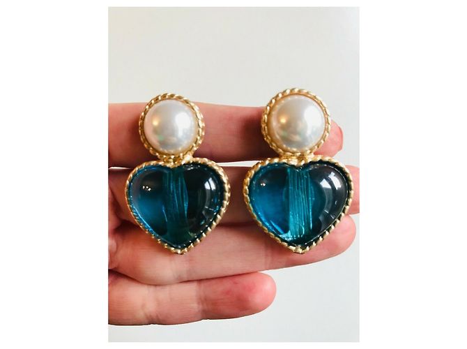 Autre Marque orecchini a clip in oro con cuore di perle bianche finte cabochon D'oro Turchese - vista 5