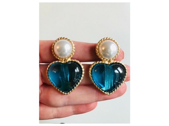 Autre Marque orecchini a clip in oro con cuore di perle bianche finte cabochon D'oro Turchese - vista 8