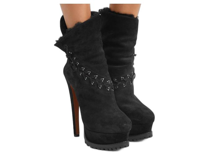 Botines de ante con plataforma y cordones con forro de piel de oveja de NWT Azzedine Alaïa 39.5 Negro - vista 2