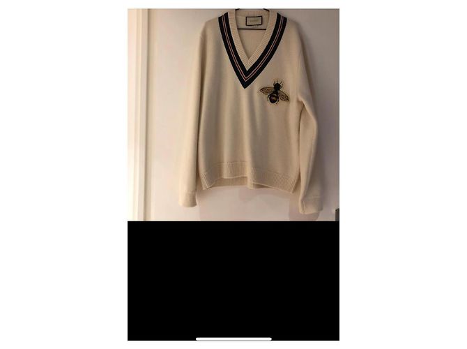 Gucci V-Ausschnitt Wollpullover crem mit Bienen-Applikation Roh - Ansicht 2