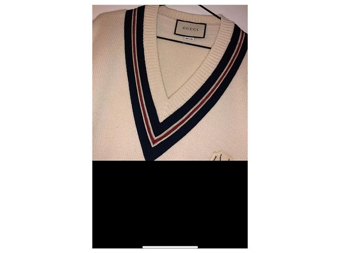 Gucci V-Ausschnitt Wollpullover crem mit Bienen-Applikation Roh - Ansicht 6