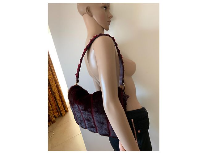 Borsa a mano Tosca Blu Rosso Scuro in Poliestere con Conchiglie e Pelliccia Ecologica Bordò - vista 5