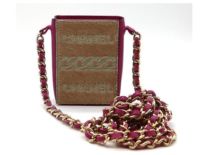 Chanel Tiny Necklace Pouch CC Logo Chain Strap Pink Beige Pony Hair and Leather Rosa - vista 3