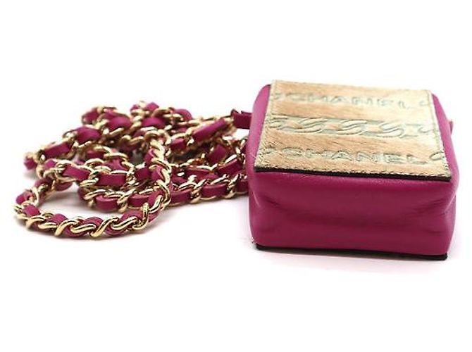 Chanel Tiny Necklace Pouch CC Logo Chain Strap Pink Beige Pony Hair and Leather Rosa - vista 6