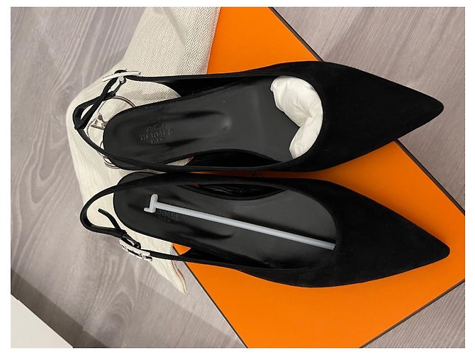 Sandali Ballerina Hermès in Camoscio Nero con Strass - vista 3