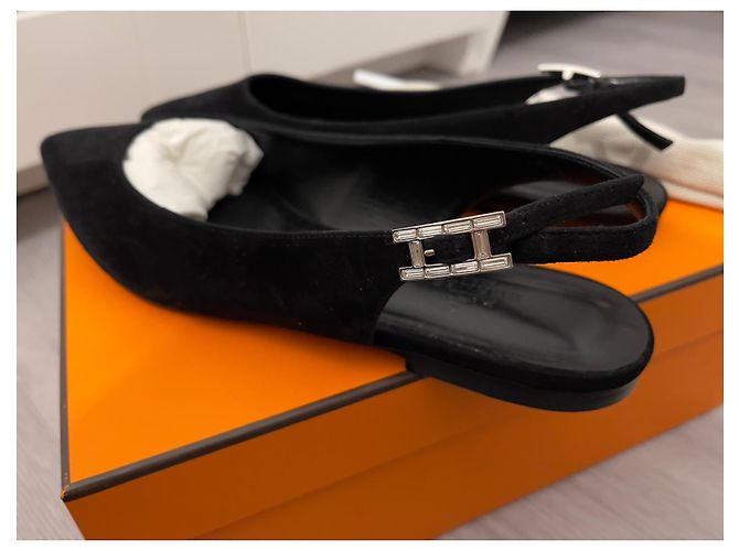 Sandali Ballerina Hermès in Camoscio Nero con Strass - vista 4