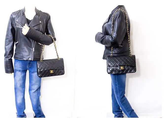 Chanel 2.55 Borsa a tracolla a catena media con patta foderata Pelle di agnello nera Nero - vista 12