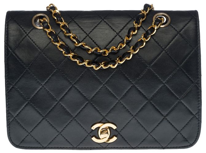 Sac Vintage En Cuir Noir Années 40-50 - Intérieur Gold - Fermeture Métal Doré - Occasion Bon état