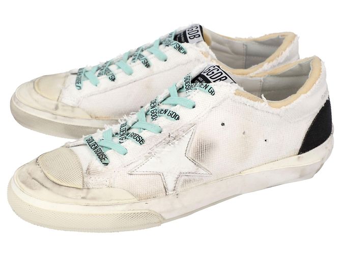 Sneaker Super-Star da Uomo Golden Goose in Canvas Bianco Nero Ice Blue - vista 3
