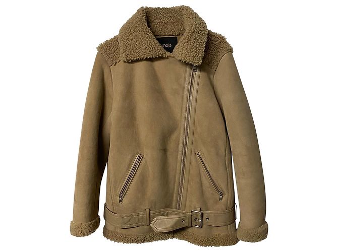Maje Gombery Lammfelljacke aus beigem Wildleder - Ansicht 4