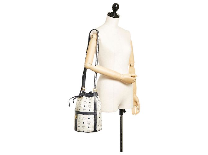 Borsa a secchiello MCM in pelle con visiera bianca - vista 9