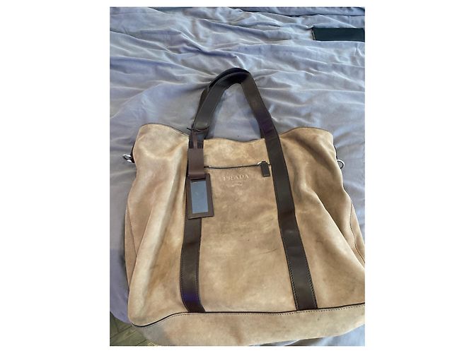 Borsa tote Prada in pelle scamosciata beige - vista 2