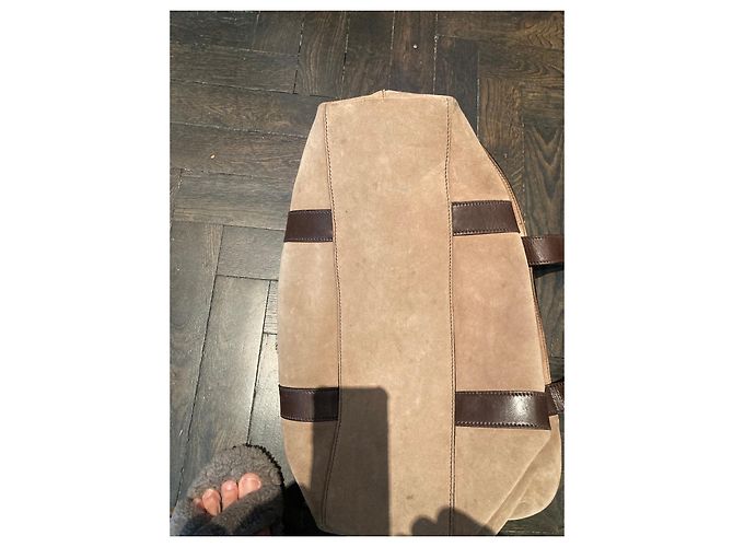 Borsa tote Prada in pelle scamosciata beige - vista 7