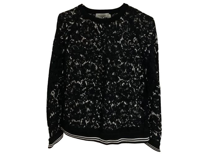 Valentino Camicetta a maniche lunghe M con camicia di pizzo floreale bianca nera Nero - vista 7