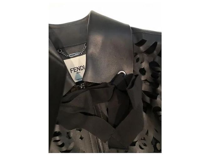 Fendi Blumenmuster Biker Lederjacke Größe L Schwarz - Ansicht 3