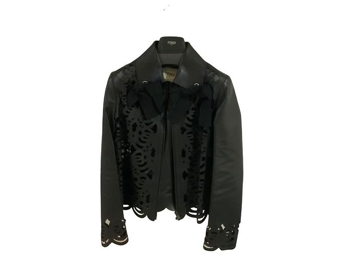 Fendi Blumenmuster Biker Lederjacke Größe L Schwarz - Ansicht 4