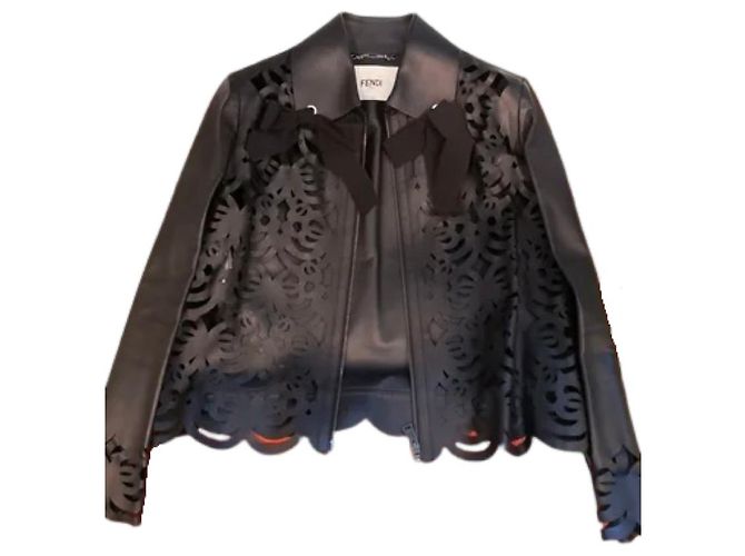 Fendi Blumenmuster Biker Lederjacke Größe L Schwarz - Ansicht 5