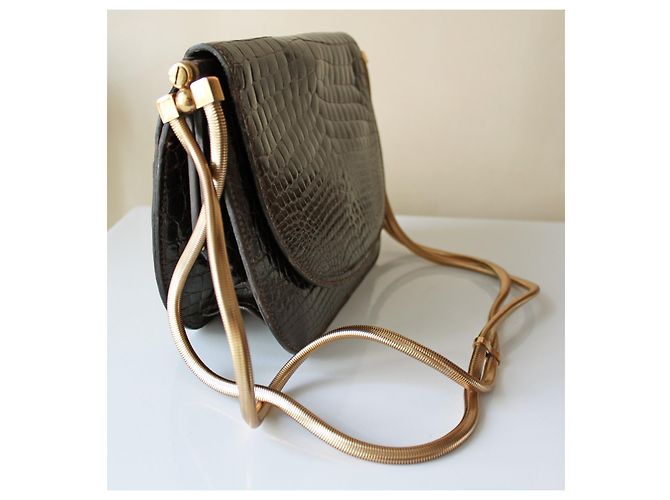 Autre Marque Sac Crocodile Vintage Doré Marron foncé - vue 2