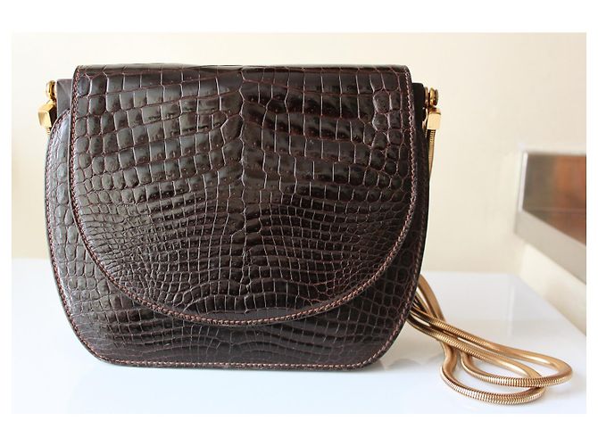 Autre Marque Sac Crocodile Vintage Doré Marron foncé - vue 6