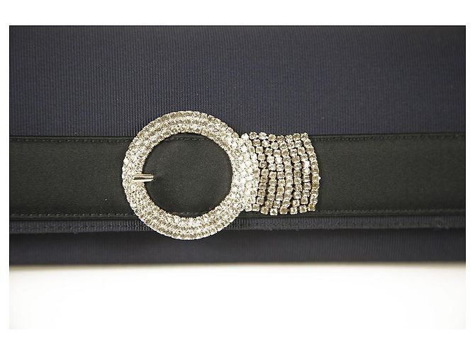 Pochette Rodo in gros-grain blu e raso nero w. Cristalli Borsetta Catena Argento - vista 5