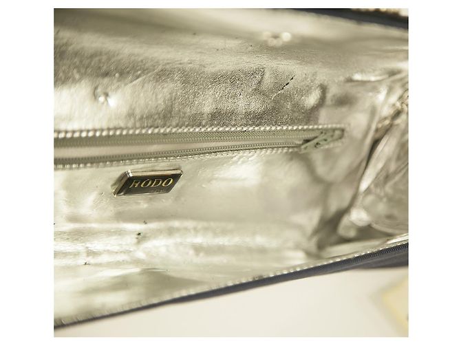 Pochette Rodo in gros-grain blu e raso nero w. Cristalli Borsetta Catena Argento - vista 6