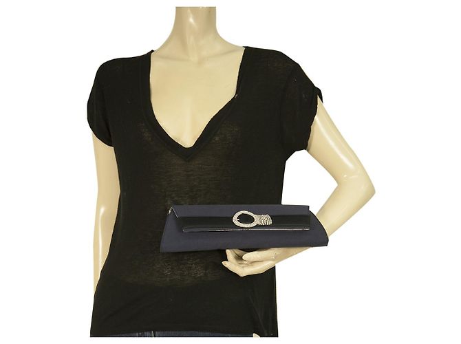 Pochette Rodo in gros-grain blu e raso nero w. Cristalli Borsetta Catena Argento - vista 8